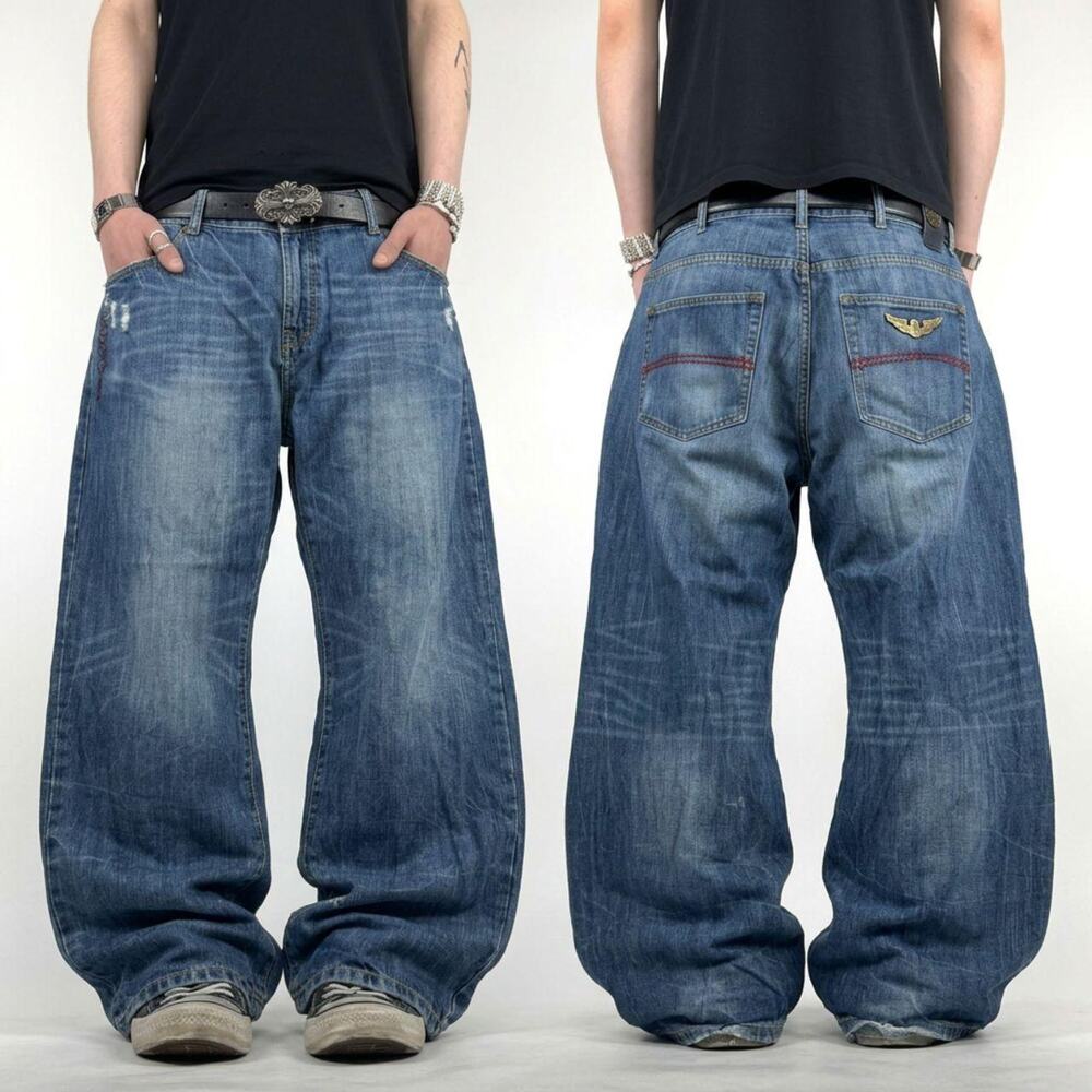 Vintage y2k embroidered faded dark wash grunge baggy skater jeans